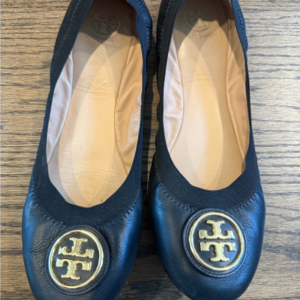 Tory Burch Black Leather Flats with Gold Logo